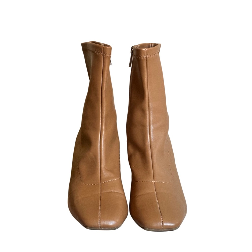 Tan block heel ankle bootie
